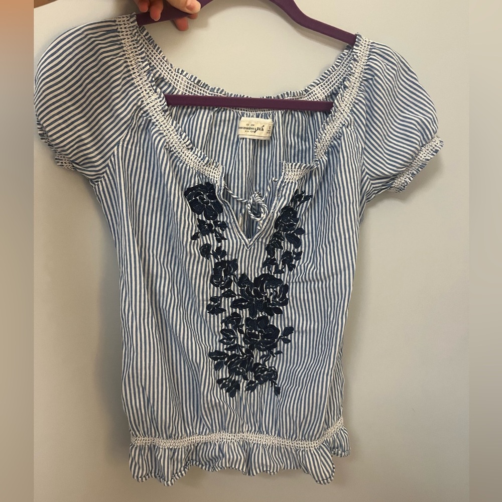 Abercrombie & Fitch, Striped Top with Navy Floral Embroidery, Size S